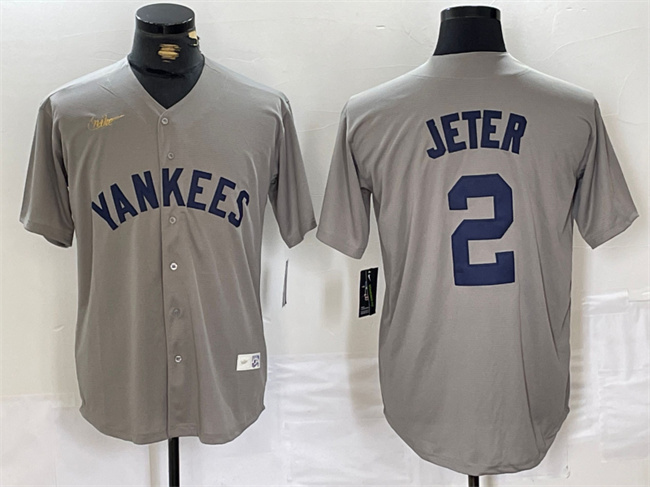 Men's New York Yankees #2 Derek Jeter Grey Cool Base Stitched Baseball Jersey